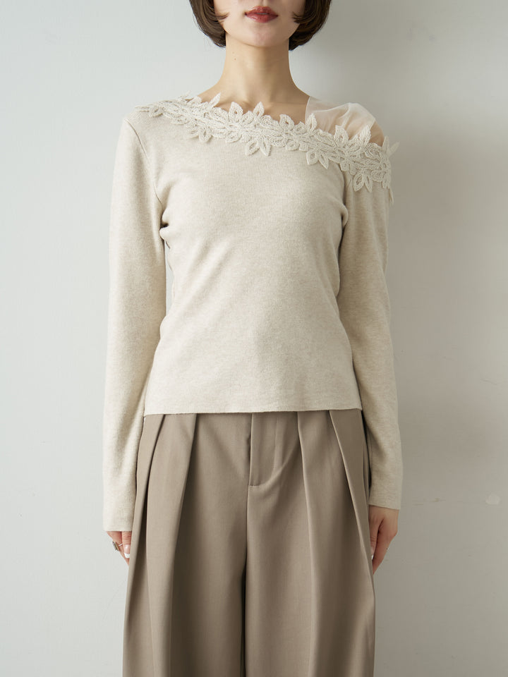 [予約]ショルダーレースアシメスリムニットトップス/ivory