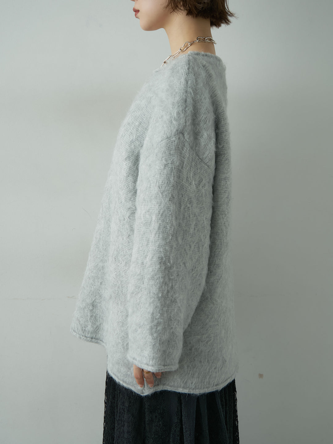 [予約]ボートネックシャギーオーバーニットトップス/lightgray