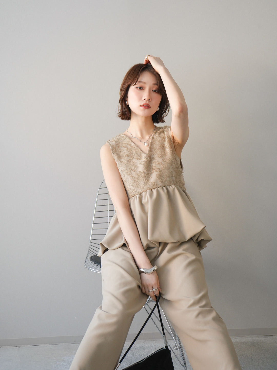 [予約]ジャガードレースぺプラムドッキングサロペット/beige