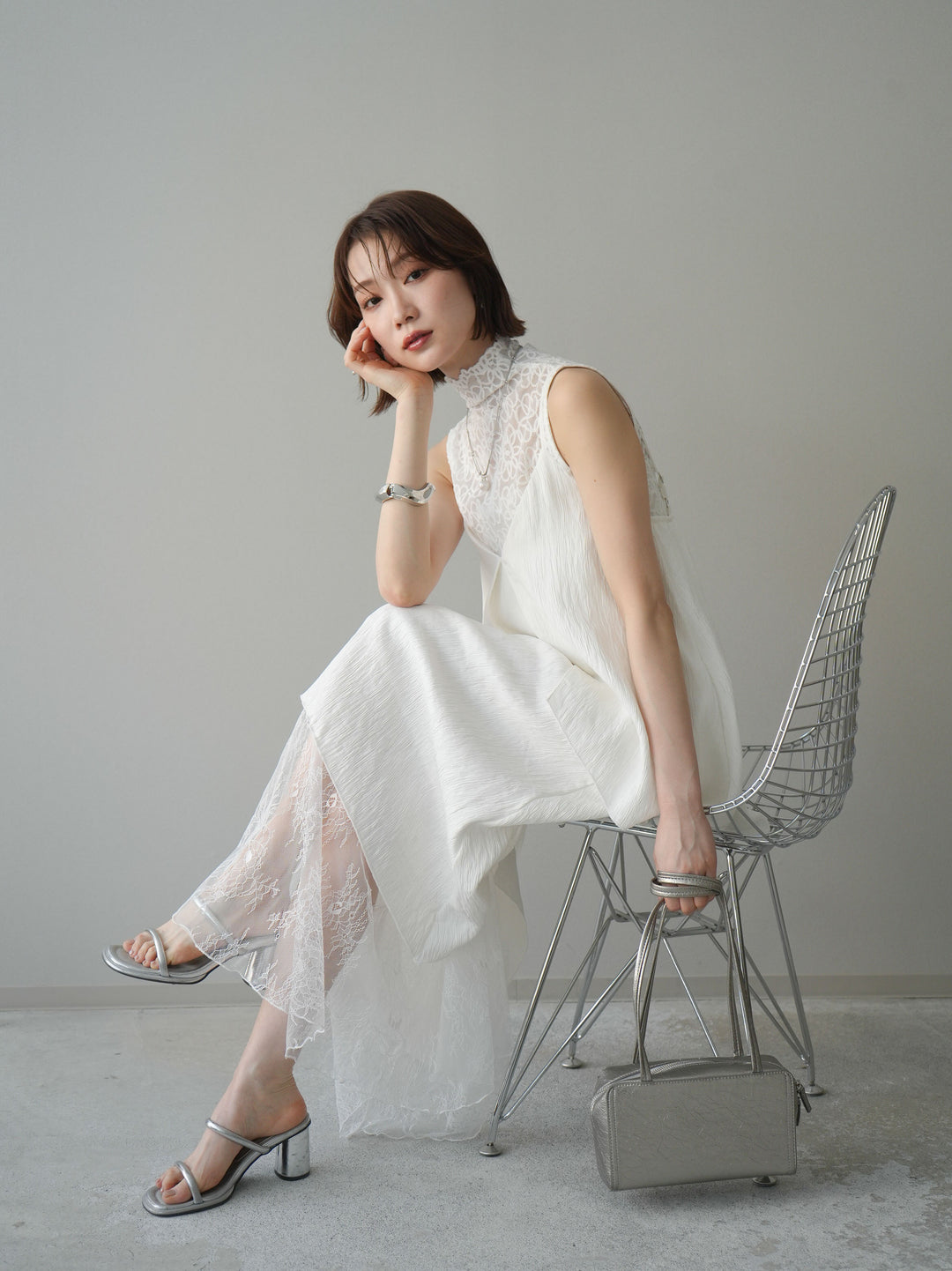 [予約]レース切替アシンメトリーワンピース/white