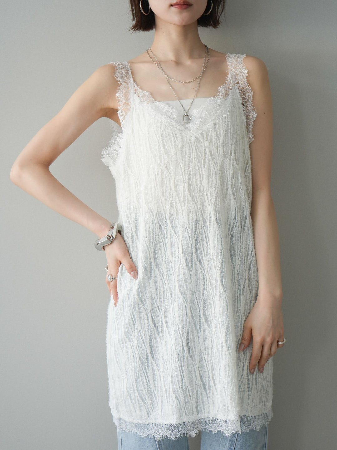 [予約]レース切替ジャガードニットロングキャミソール/ivory