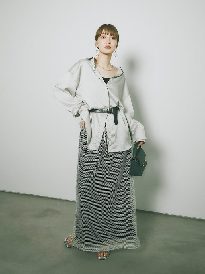 【Allure】[SET]サテンタッチワッシャーオーバーシャツ+メッシュレイヤードスカート(2set)