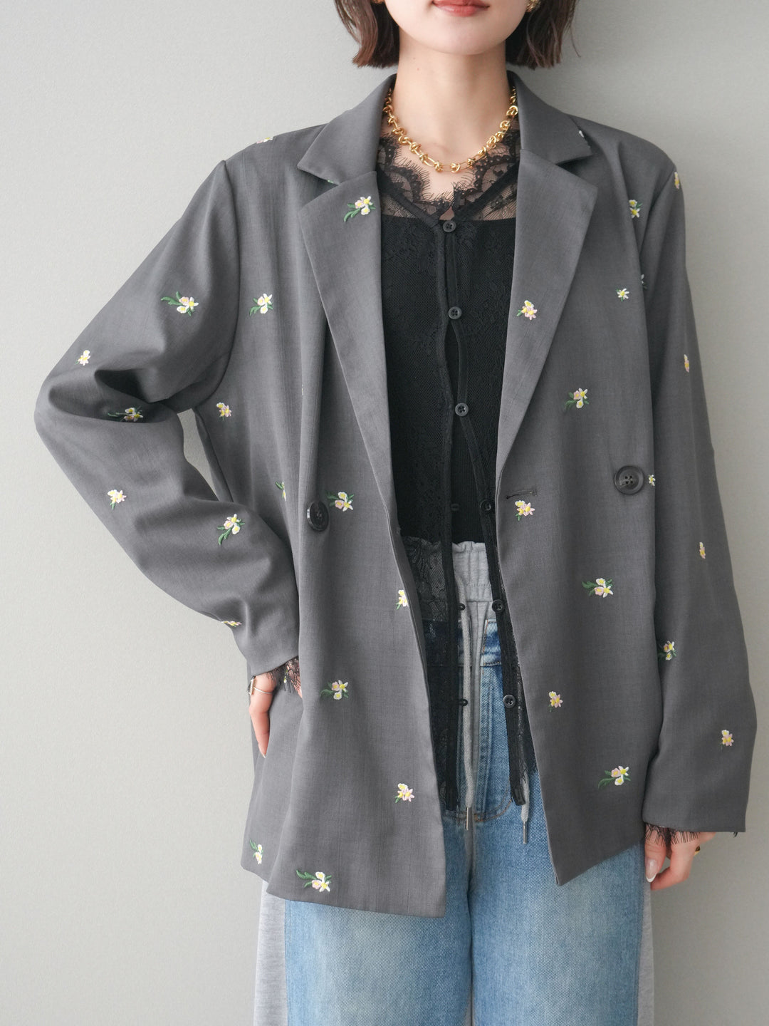 [予約]フラワー刺繍テーラードジャケット/gray