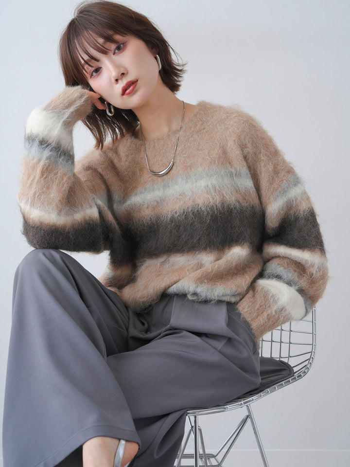 [予約]カラフルボーダーシャギーニットプルオーバー/beige