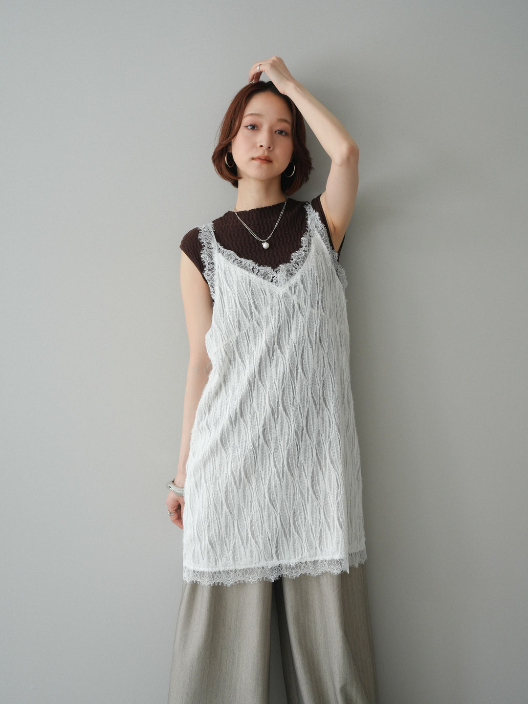 [予約]レース切替ジャガードニットロングキャミソール/ivory