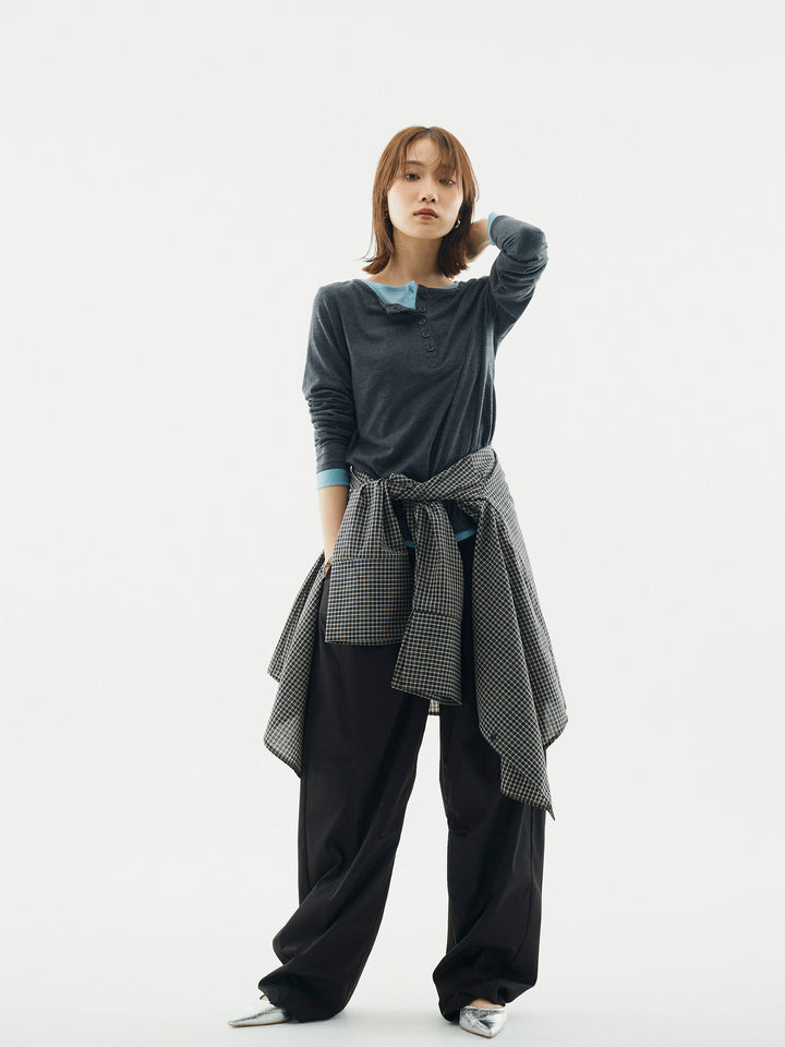 【Allure】[SET]配色レイヤードヘンリーネックトップス+タフタワイドカーブパンツ+チェックBIGカフスオーバーシャツ(3set)