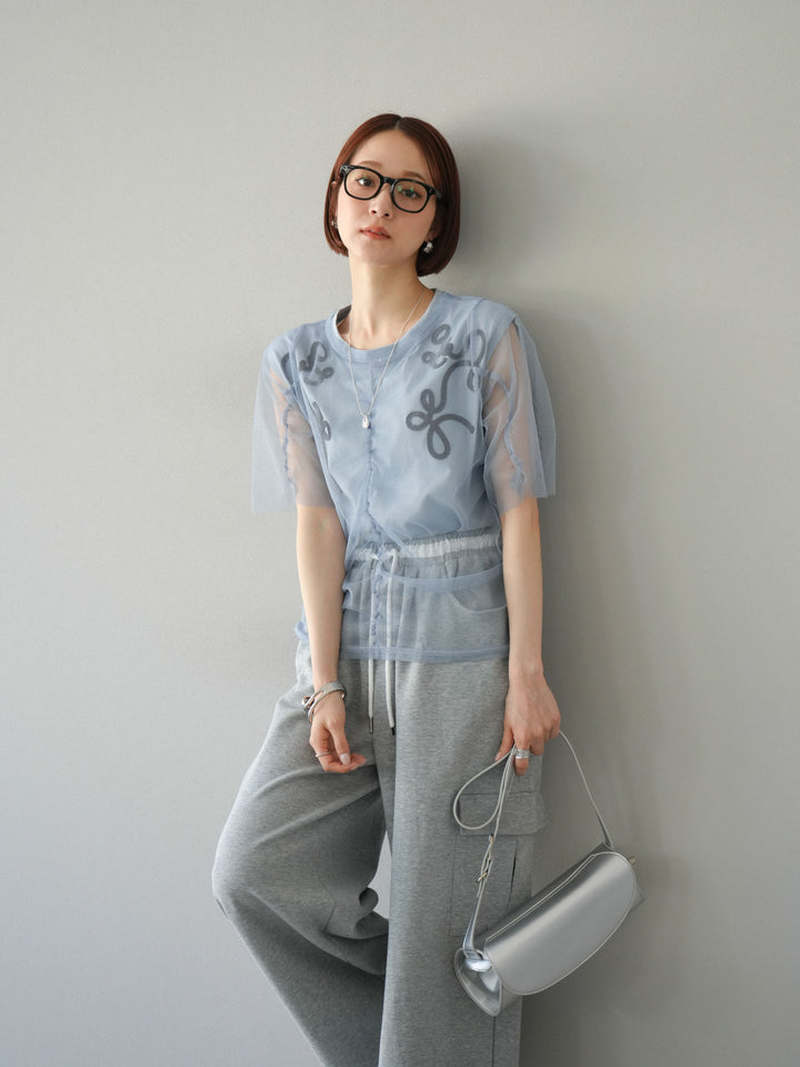 [SET]ラメチュールシャーリングプルオーバー+コード刺繍フレンチスリーブTシャツ(2set)