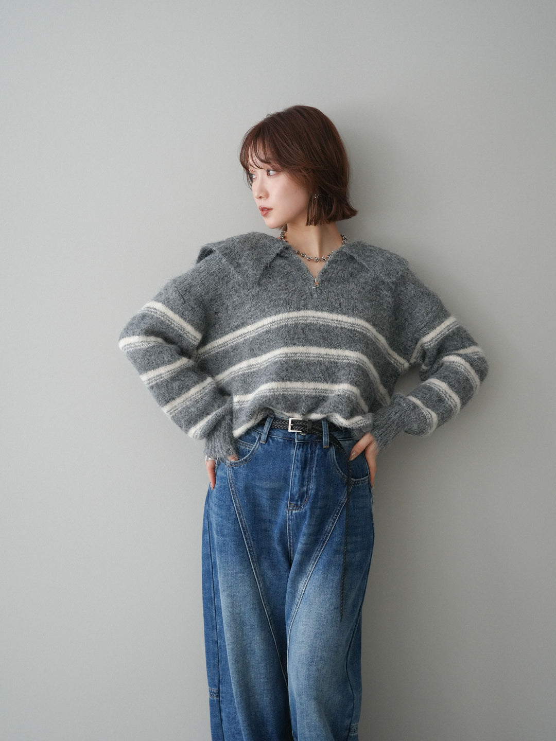 [SET]ハーフジップボーダーニットプルオーバー+裏起毛加工デニムカーブパンツ(2set)