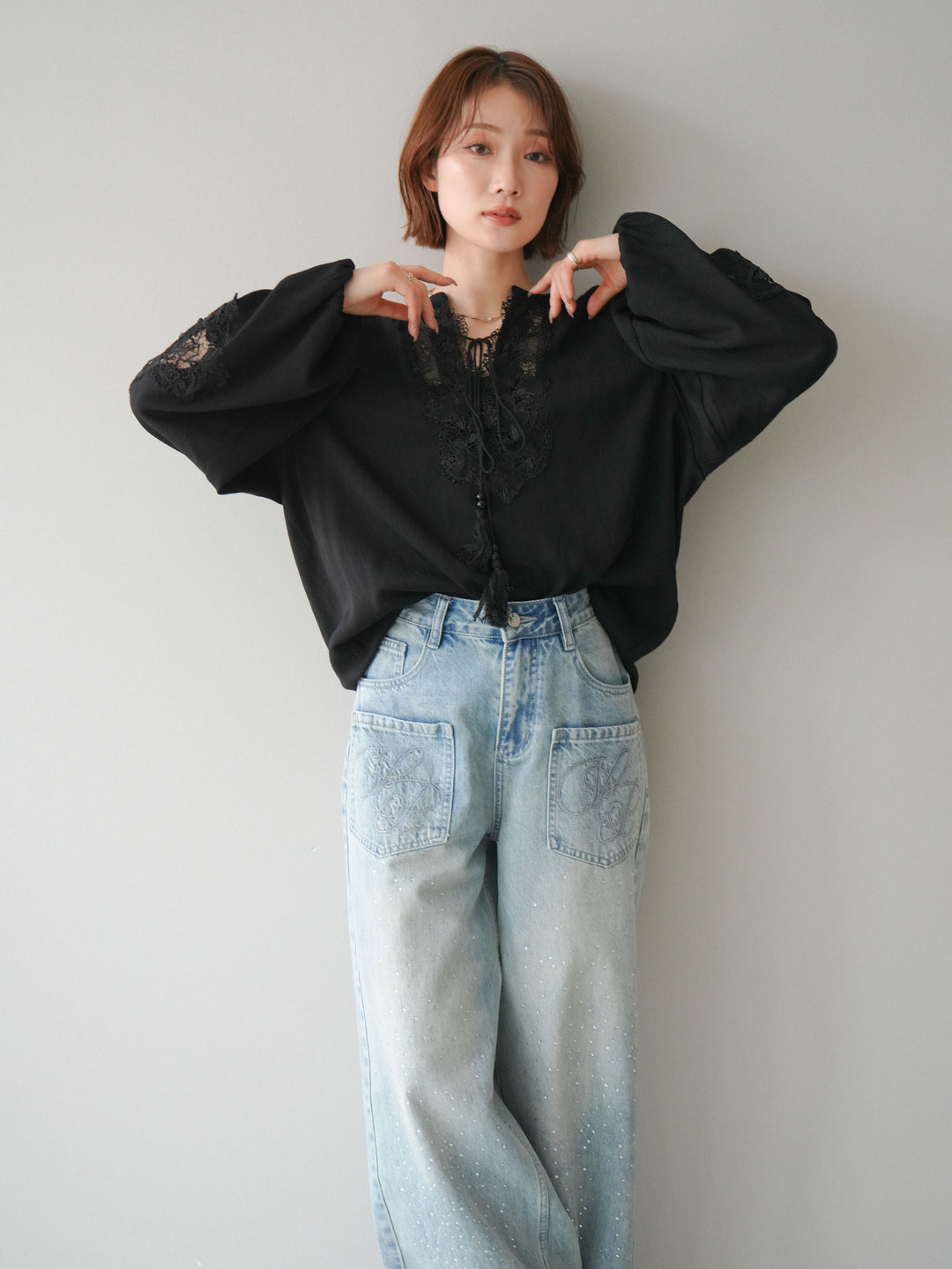 [予約]レーススリーブスキッパーブラウス/black