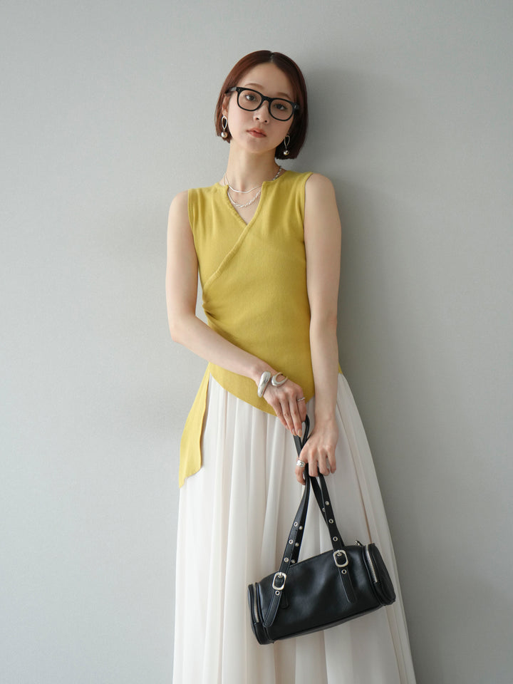 [SET]カシュクールノースリーブニットトップス+シフォンフレアスカート(2set)