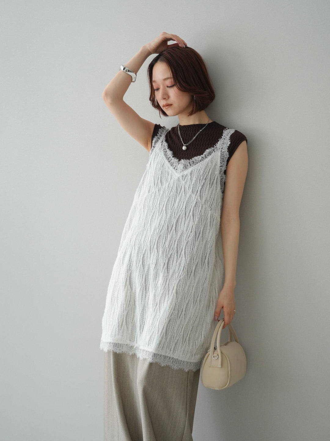 [予約]レース切替ジャガードニットロングキャミソール/ivory