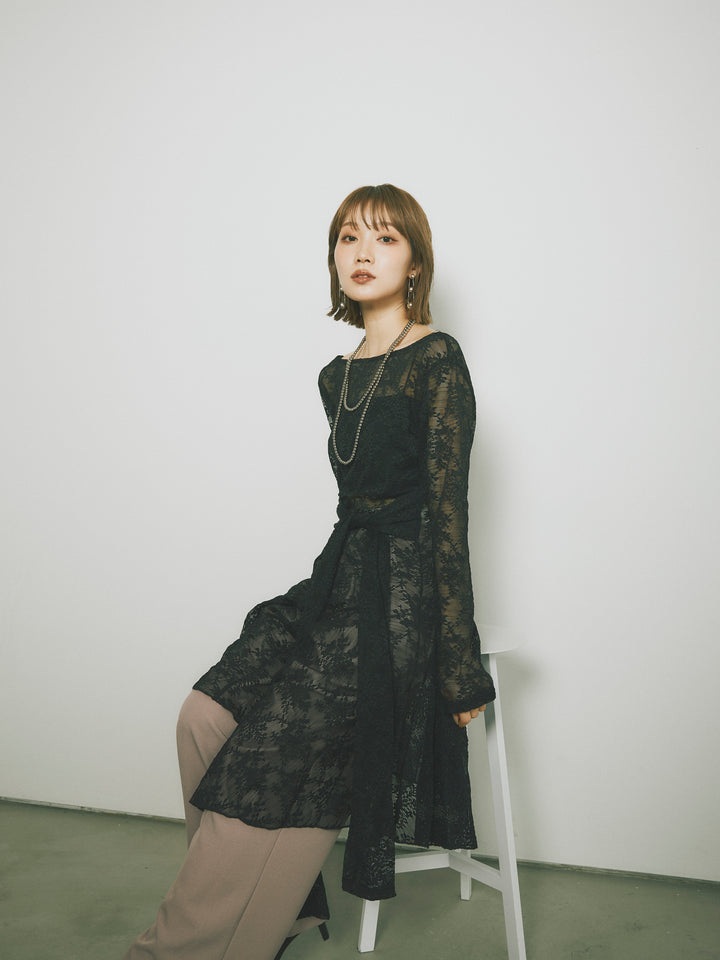 【Allure】[SET]ラッフルレースロングトップス+マーベルトワイドパンツ(2set)