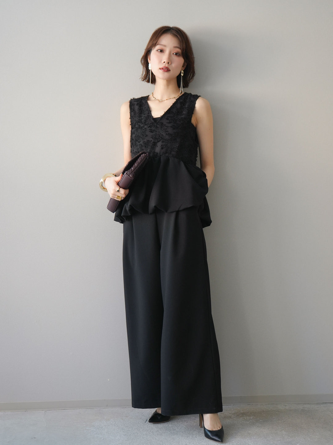 [予約]ジャガードレースぺプラムドッキングサロペット/black