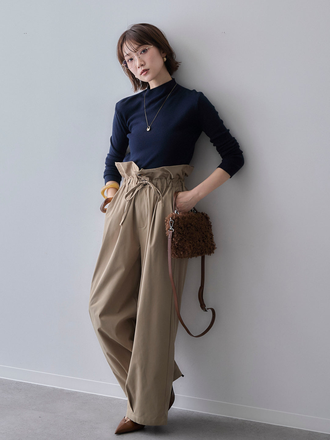 [予約]モックネックリブスリムニットトップス/navy