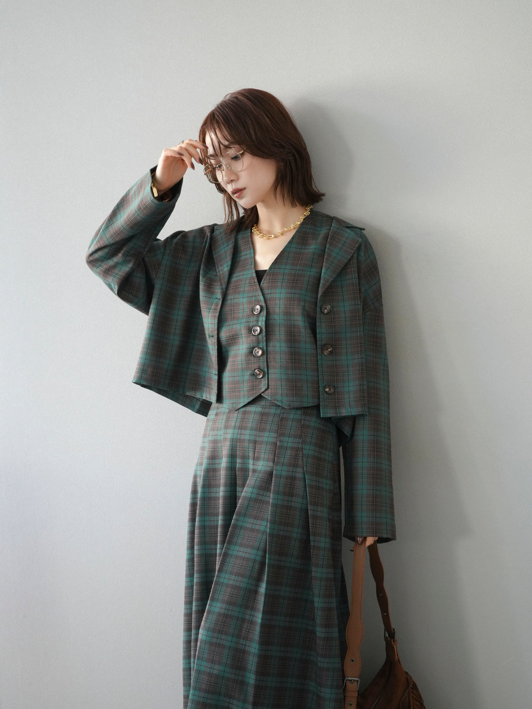 [予約]チェック柄ショートジャケット/グリーン