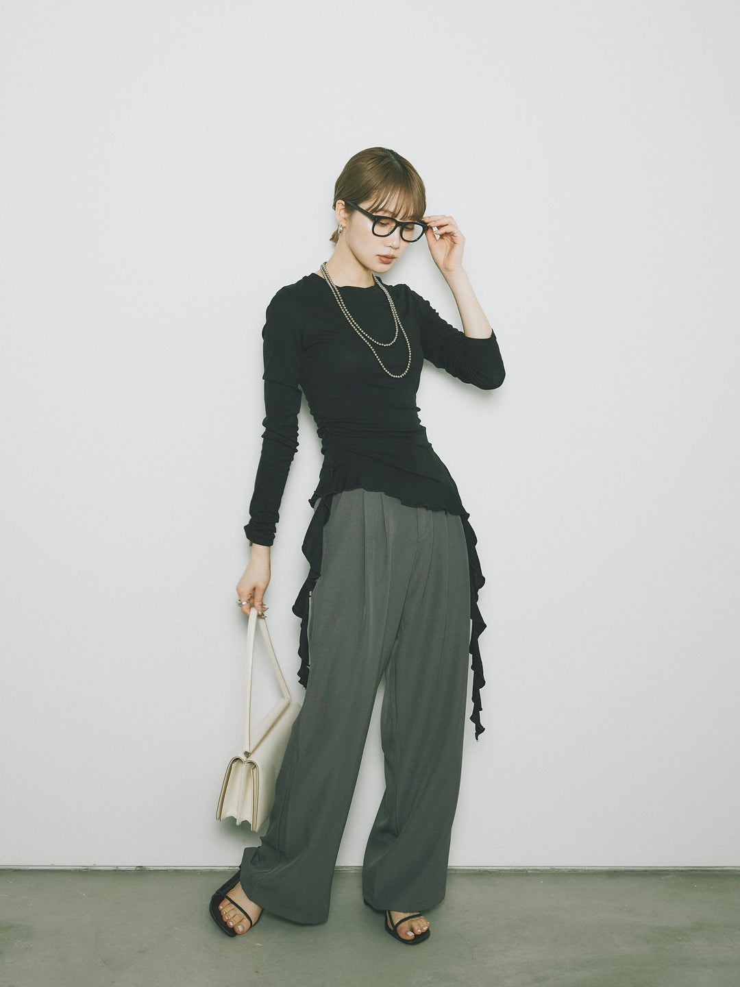 【Allure】[SET]ラッフルヘムトップス+マーベルトワイドパンツ(2set)