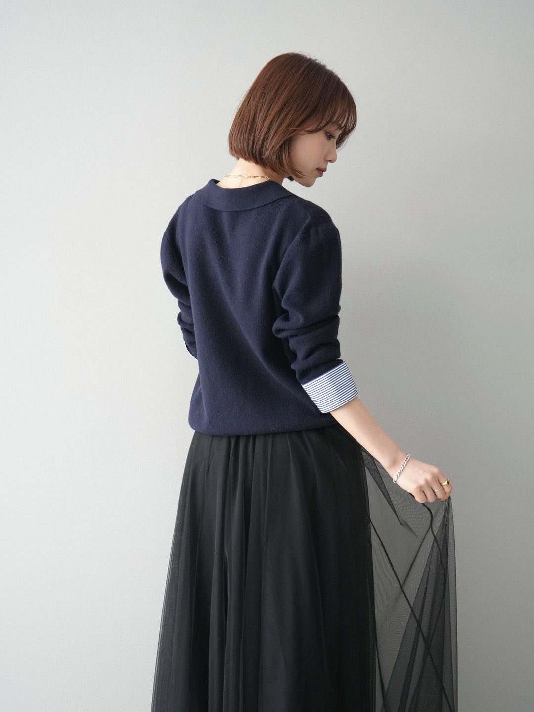 [予約]シャツレイヤードスキッパーニットプルオーバー/navy