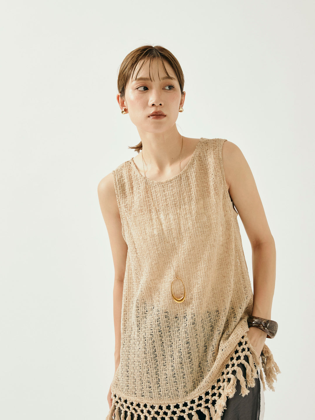 【Allure】[SET]フリンジ透かし編みニットベスト+フリンジ透かし編みニットベスト(2set)