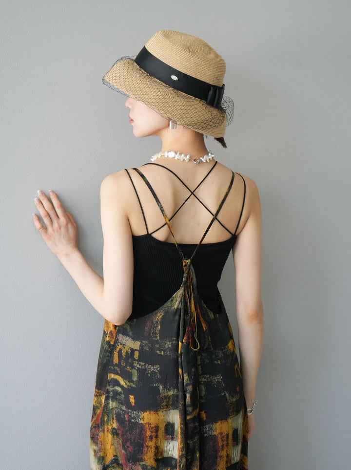 [SET] Nuanced pattern back cross camisole dress + double strap cut rib bra camisole (2set)