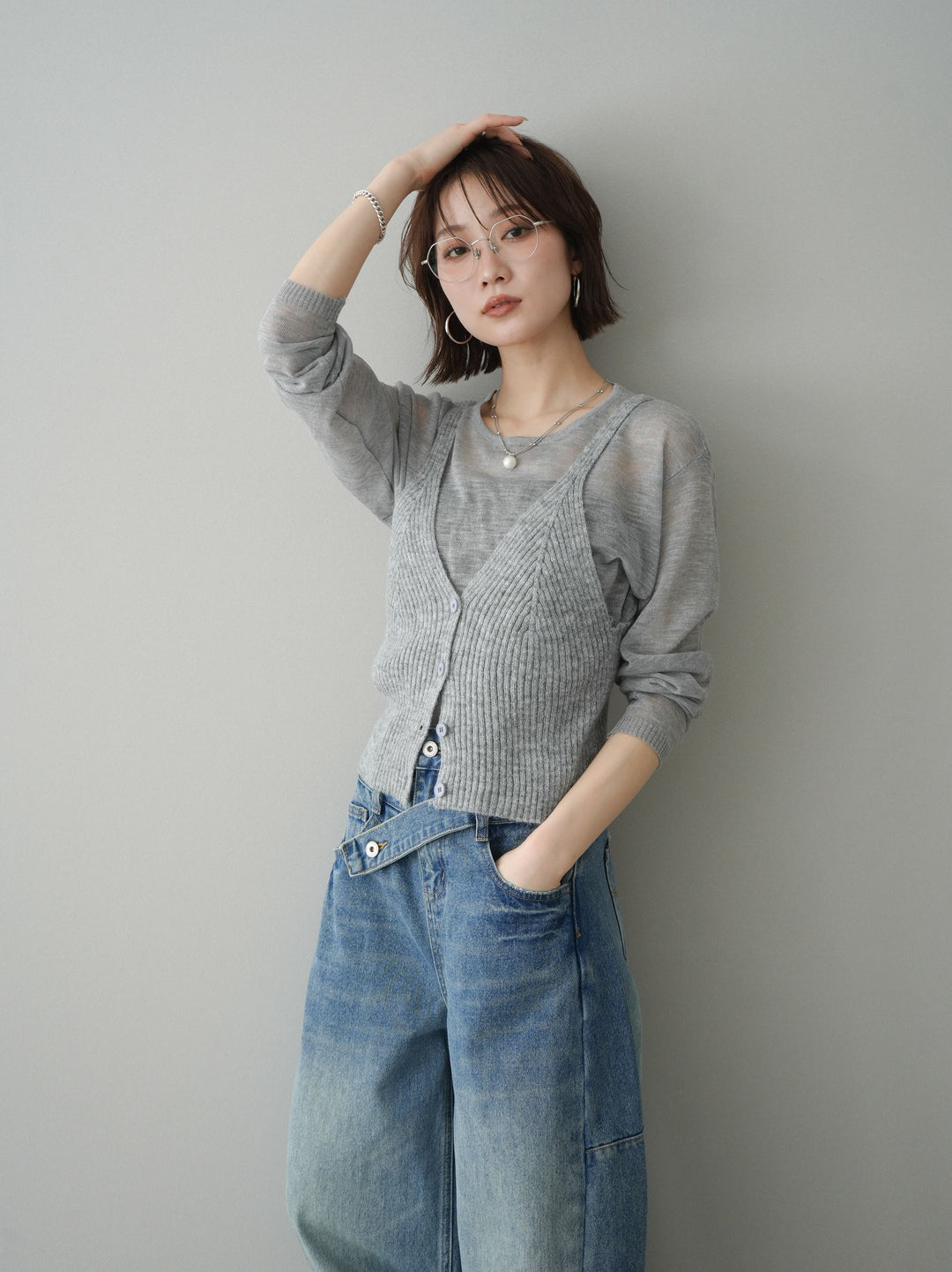 [SET]ビスチェアンサンブルシアーニット+アシメデザインワイドデニムパンツ(2set)