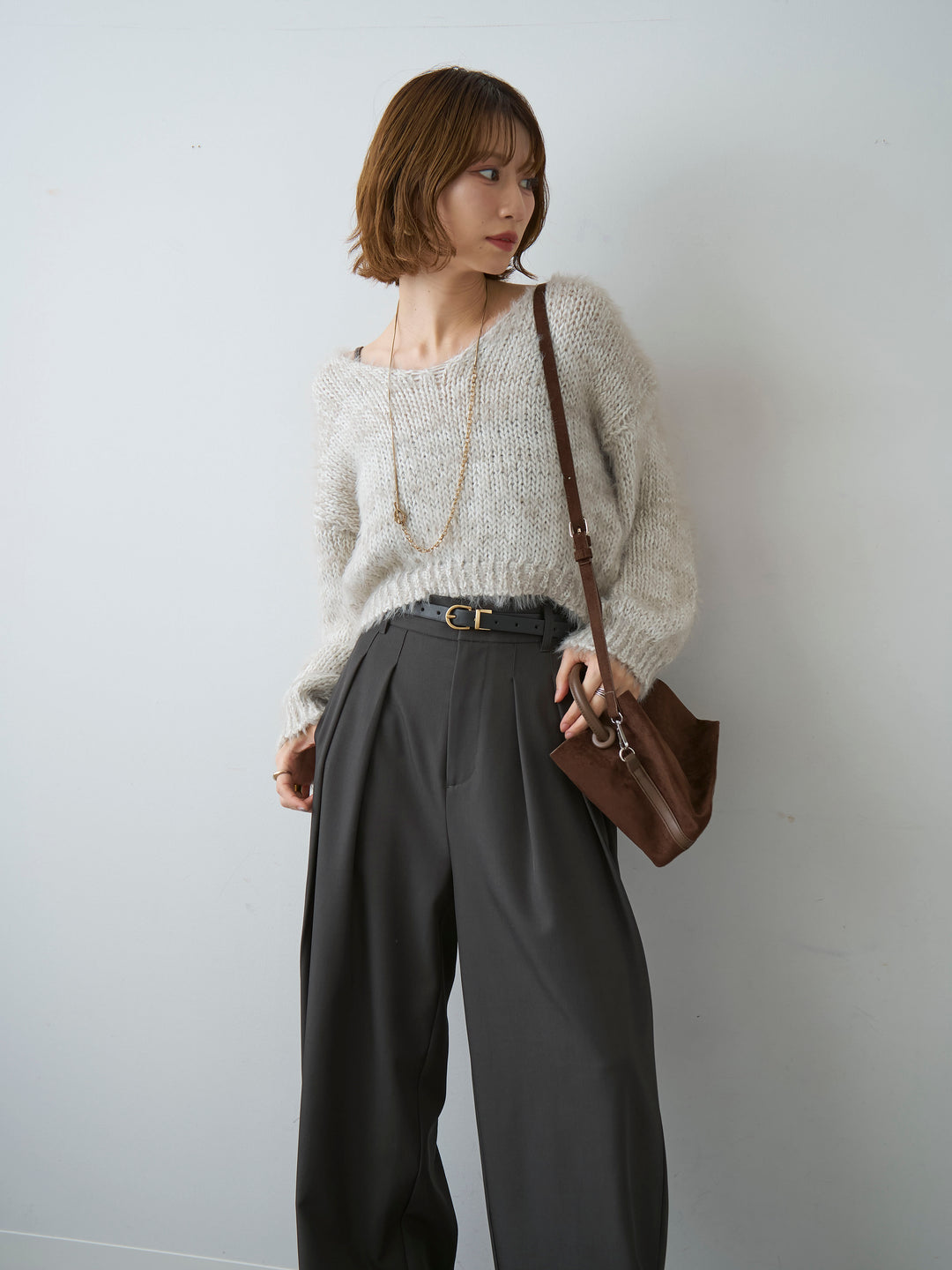 [SET]Vネックシャギークロップニットトップス+ツイルタックワイドパンツ(2set)