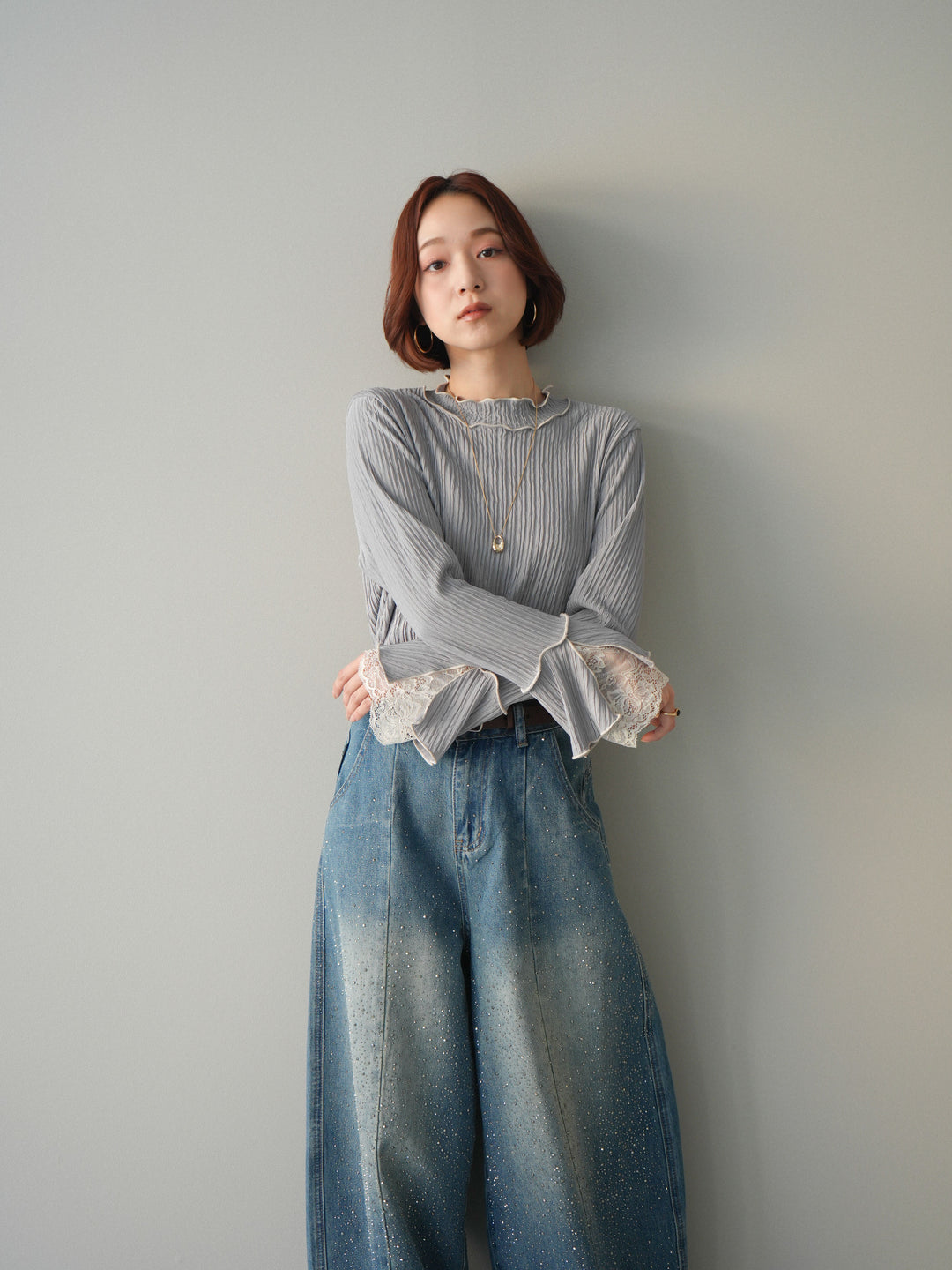 [予約]袖レース楊柳メロートップス/lightgray