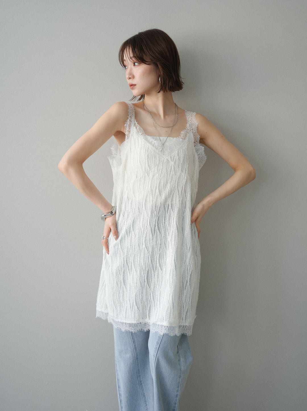 [予約]レース切替ジャガードニットロングキャミソール/ivory