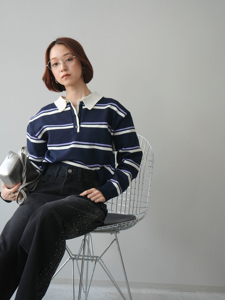 [予約]マルチボーダーポロニットトップス/navy