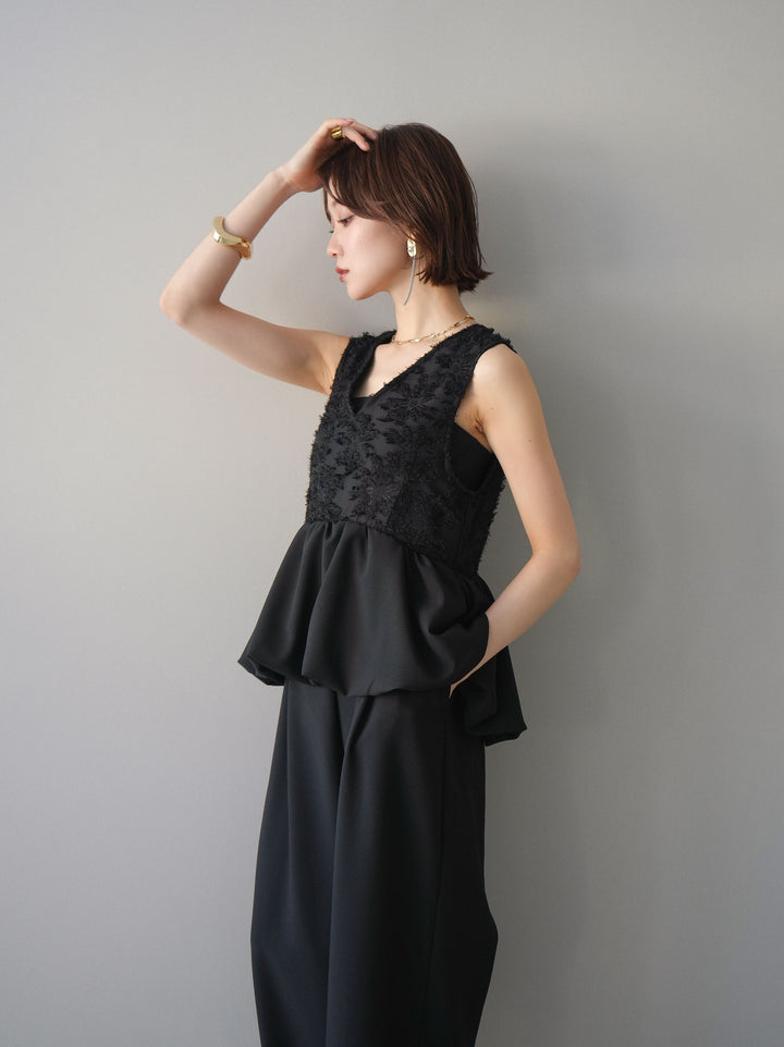 [予約]ジャガードレースぺプラムドッキングサロペット/black