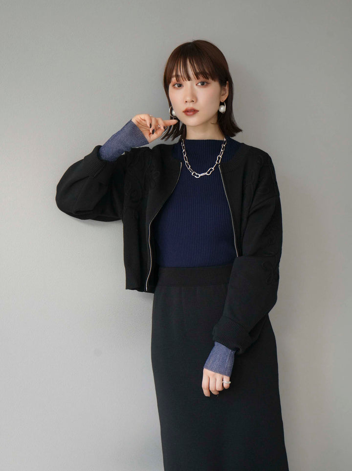 [SET]コード刺繍コットンニットジップカーディガン+袖ラメシアー切替リブニットトップス+コード刺繍コットンニットタイトスカート(3set)