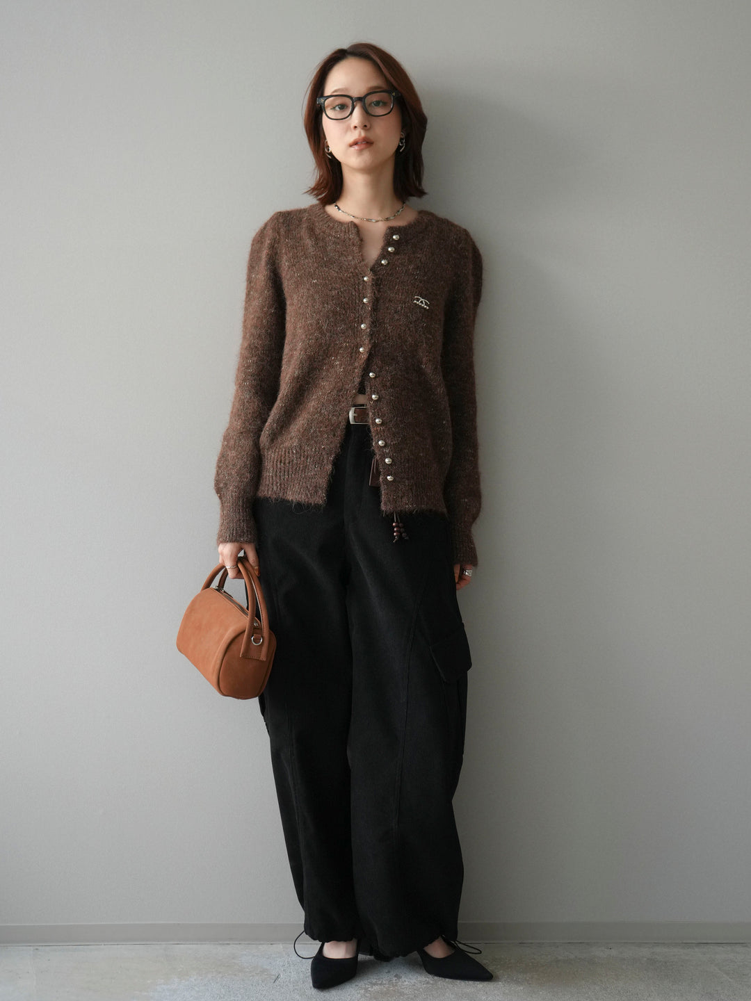 [予約]モチーフ付silverボタンミックスニットカーディガン/brown
