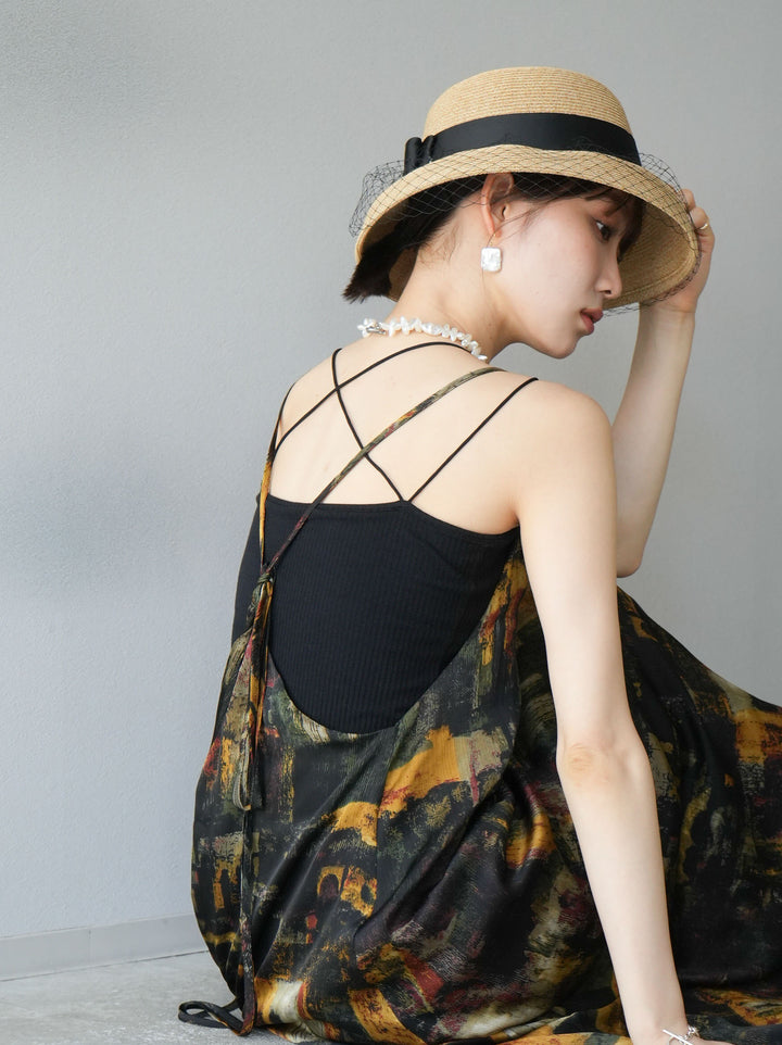 [SET] Nuanced pattern back cross camisole dress + double strap cut rib bra camisole (2set)
