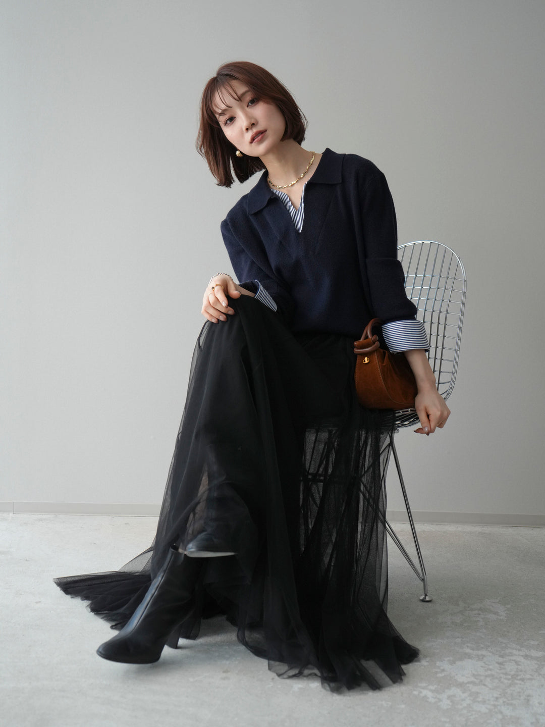 [予約]シャツレイヤードスキッパーニットプルオーバー/navy