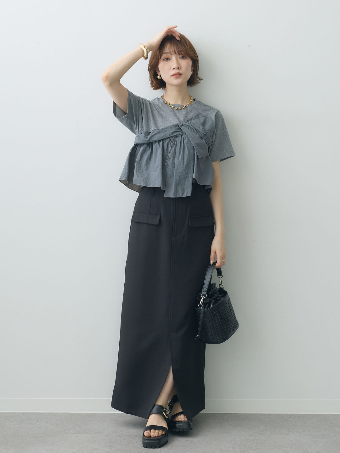 【着回しセット】[SET]ナイロンドッキングツイストTEE +ナイロンドッキングツイストTEE +クレープデシンフラップ付きストレートスカート(3set)