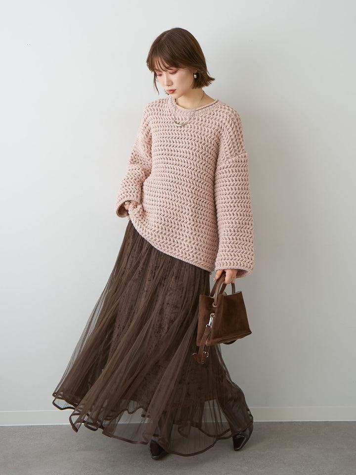 [予約]ベロアレイヤードチュールフレアスカート/brown