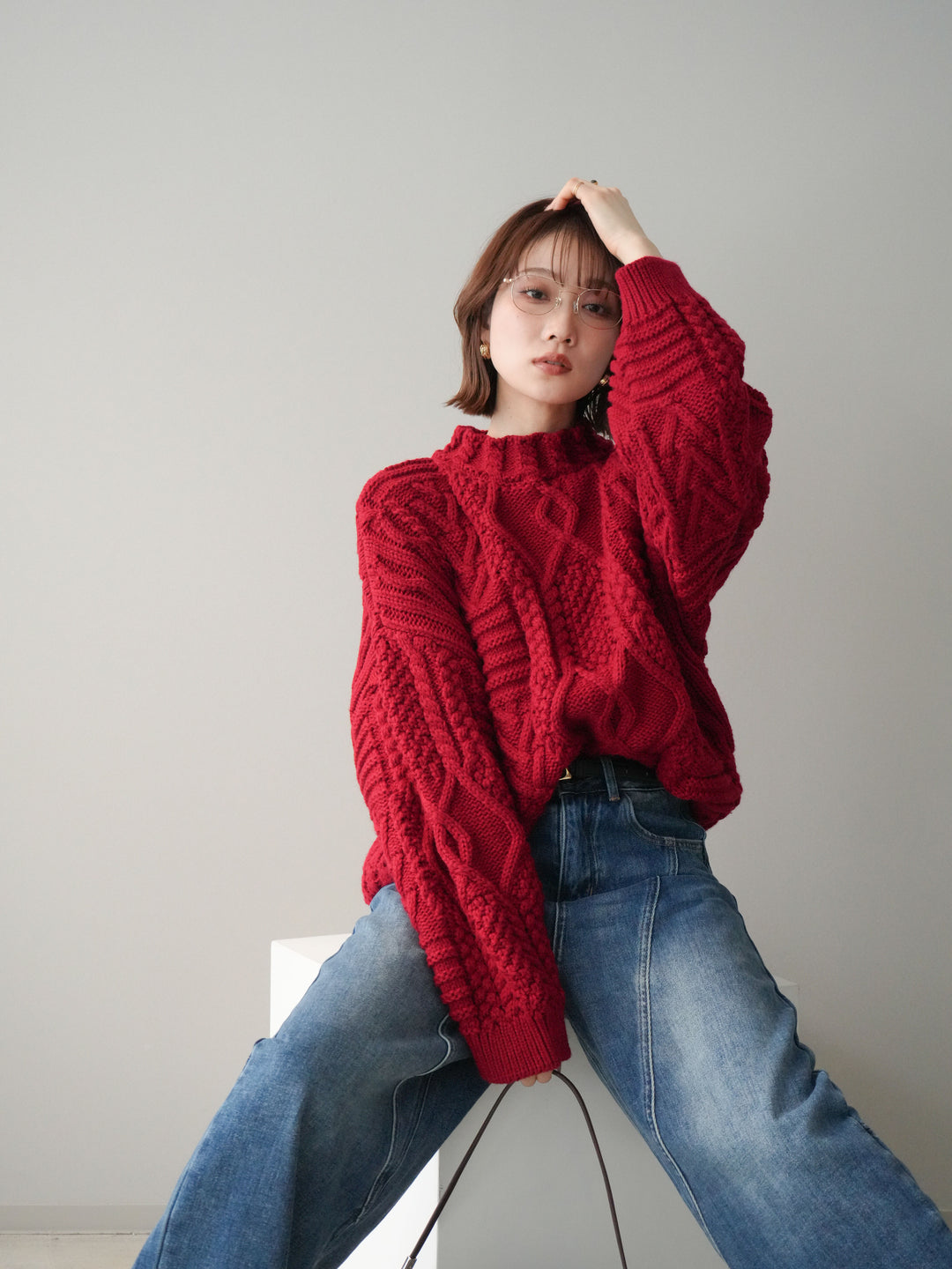 [予約]ケーブル編みモックネックニットプルオーバー/red