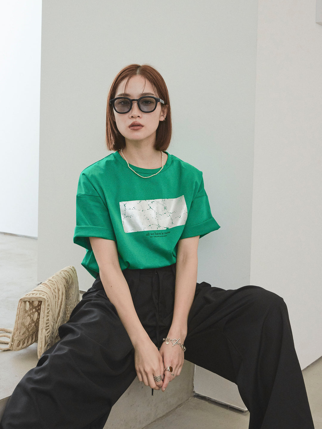 [SET]箔プリントドライタッチコットンTEE +デザインループサイドタックパンツ(2set)