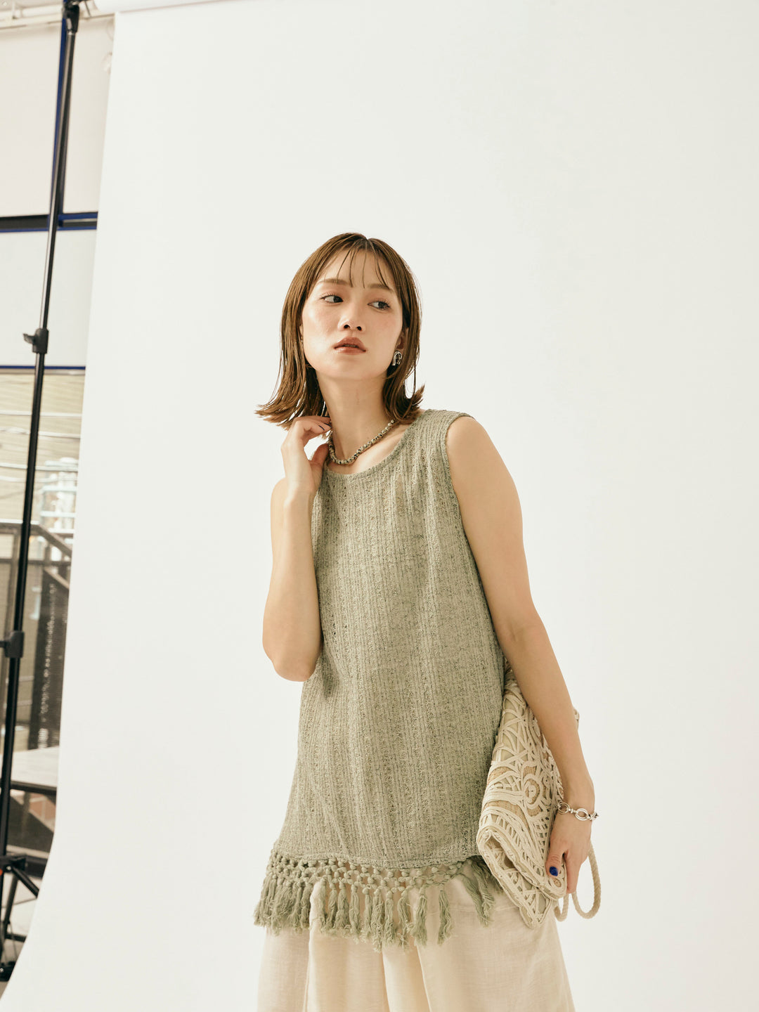 【Allure】[SET]フリンジ透かし編みニットベスト+リネンライクベイカーバルーンパンツ(2set)