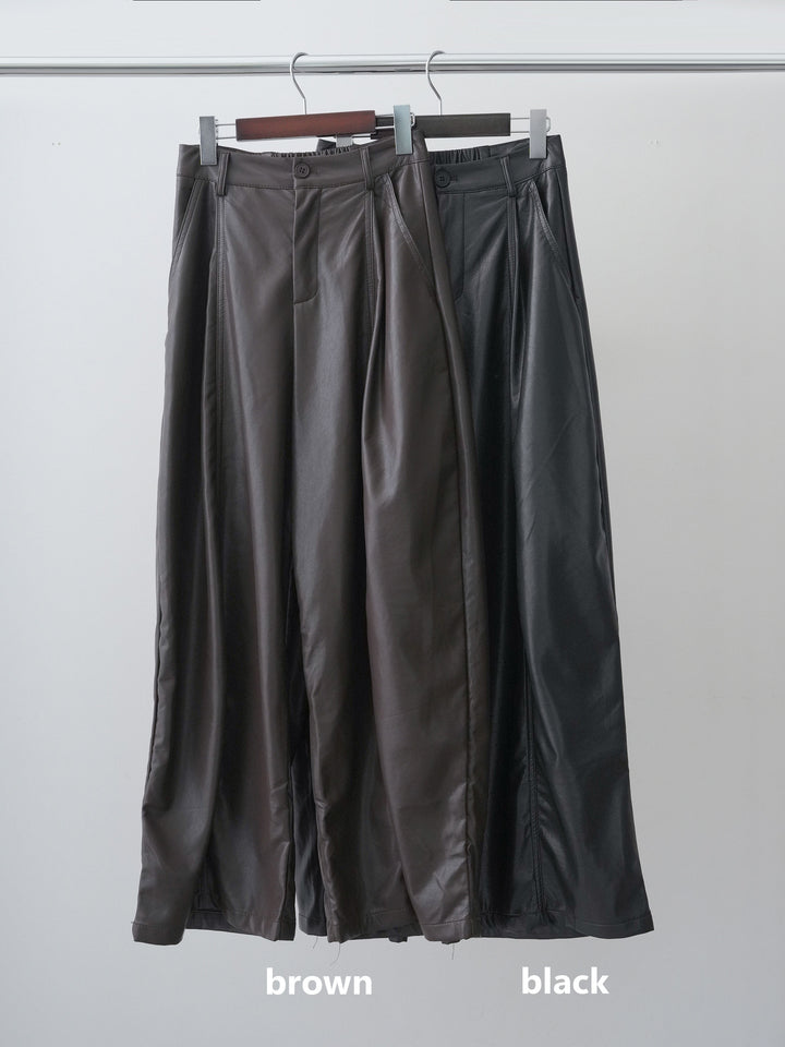[SET]ミニラペルアシンメトリーロングトレンチ+フェイクレザーワイドパンツ(2set)