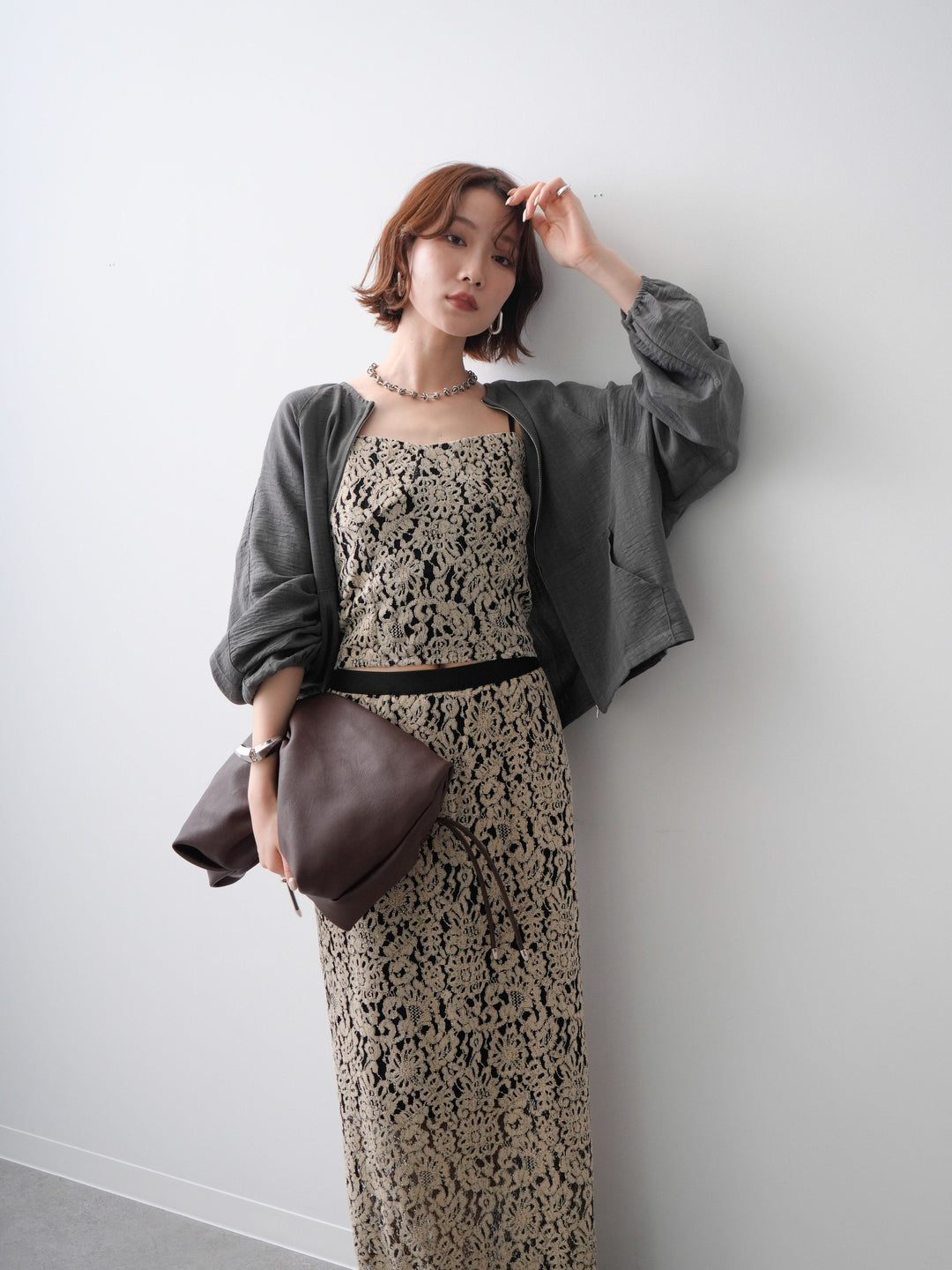 [SET]リネンライクノーカラーブルゾン+フルレースキャミ＆IラインスカートSET UP(2set)