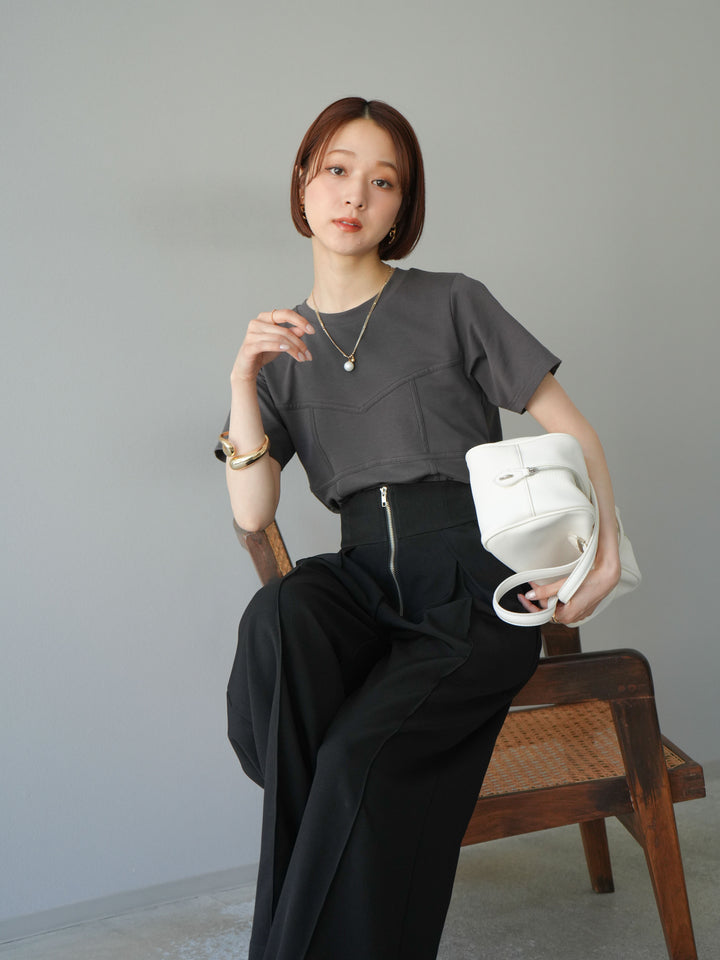 [SET]ビスチェデザインTシャツ+ジップタックワイドパンツ(2set)