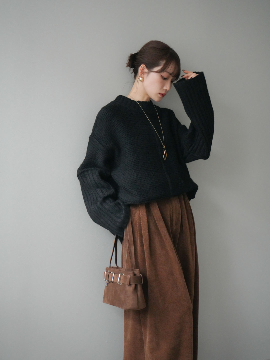 [予約]編み地切替ボトルネックニットプルオーバー/black