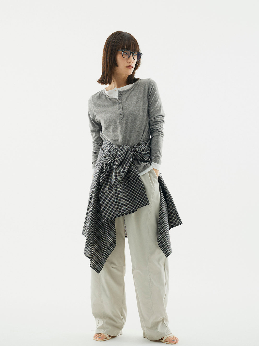 【Allure】[SET]配色レイヤードヘンリーネックトップス+タフタワイドカーブパンツ+チェックBIGカフスオーバーシャツ(3set)