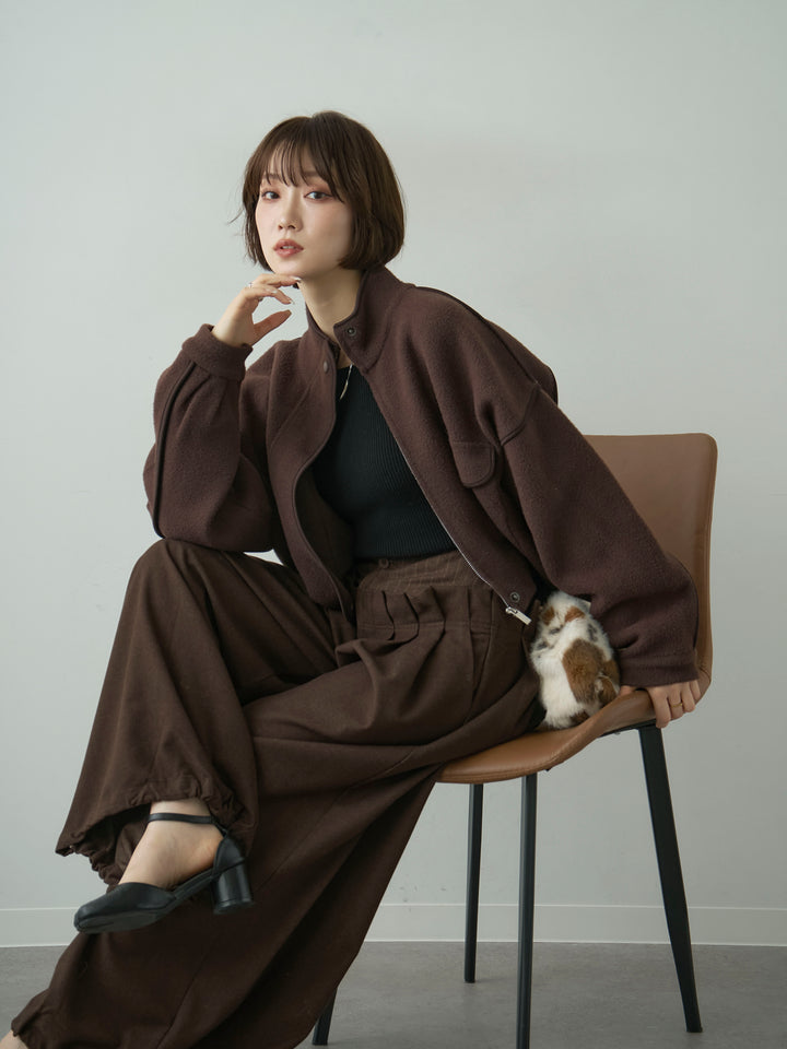 [SET]圧縮ニットショートブルゾン+ウエストデザインドロストワイドパンツ(2set)