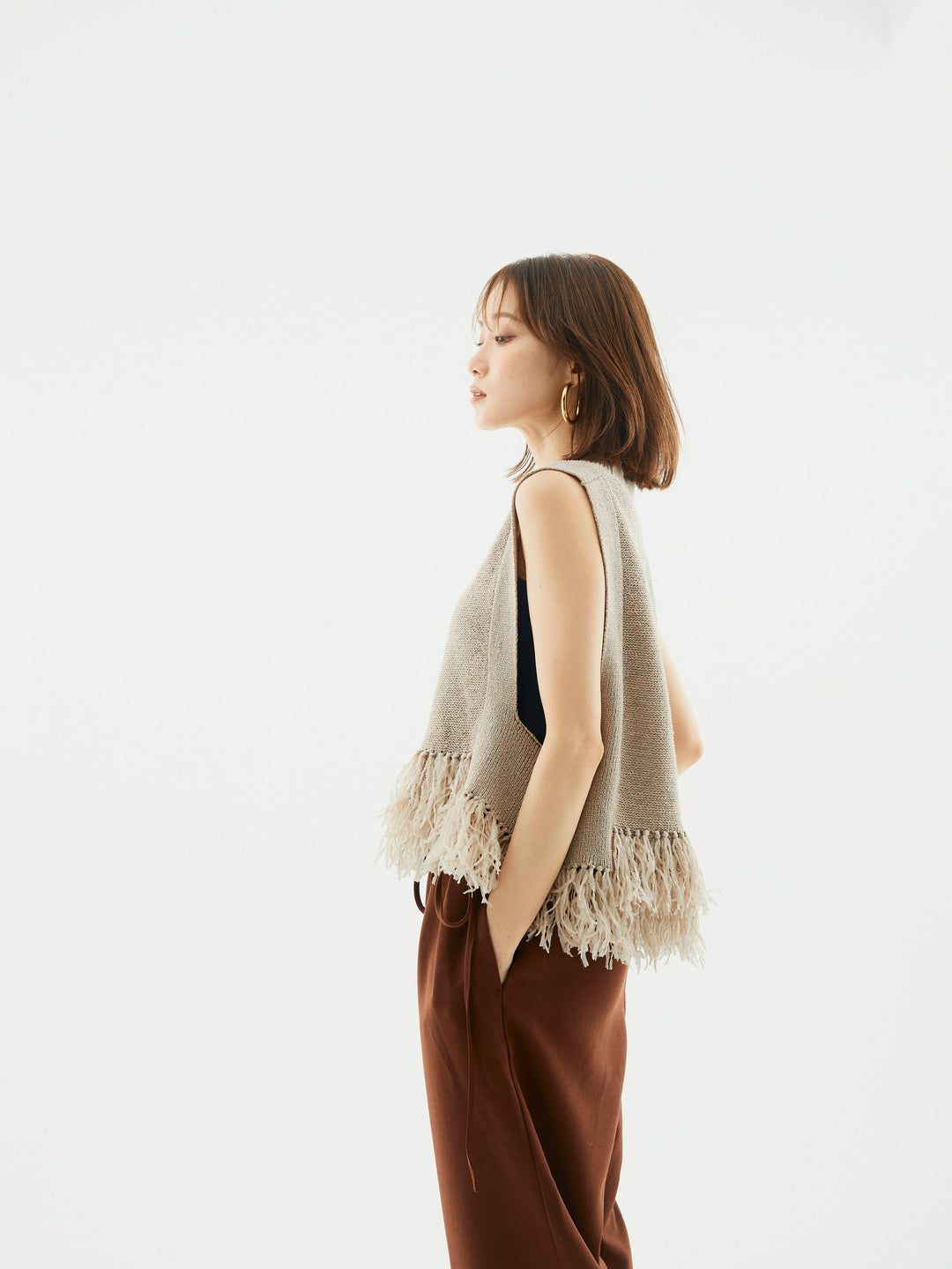 【Allure】[SET]フェザーヤーンニットベスト+ラップデザインタックワイドパンツ(2set)