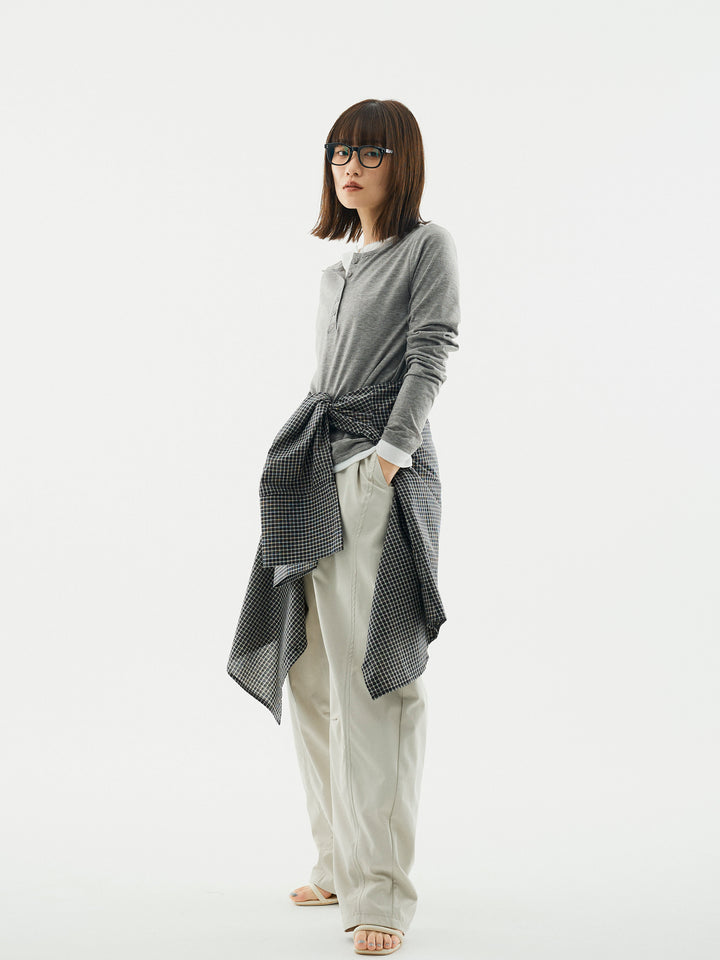 【Allure】[SET]配色レイヤードヘンリーネックトップス+タフタワイドカーブパンツ+チェックBIGカフスオーバーシャツ(3set)