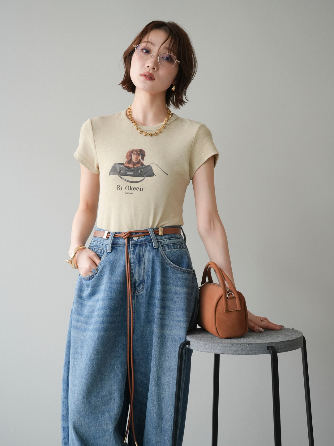 [SET]ドッグコンパクトTEE+ベルト付ボリュームデザインデニム(2set)