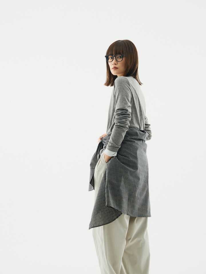 【Allure】[SET]配色レイヤードヘンリーネックトップス+タフタワイドカーブパンツ+チェックBIGカフスオーバーシャツ(3set)
