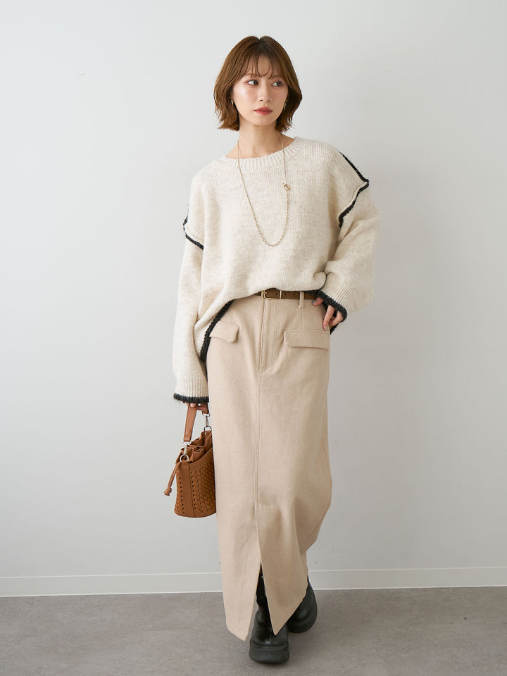 [予約]メルトンフラップ付ストレートスカート/beige