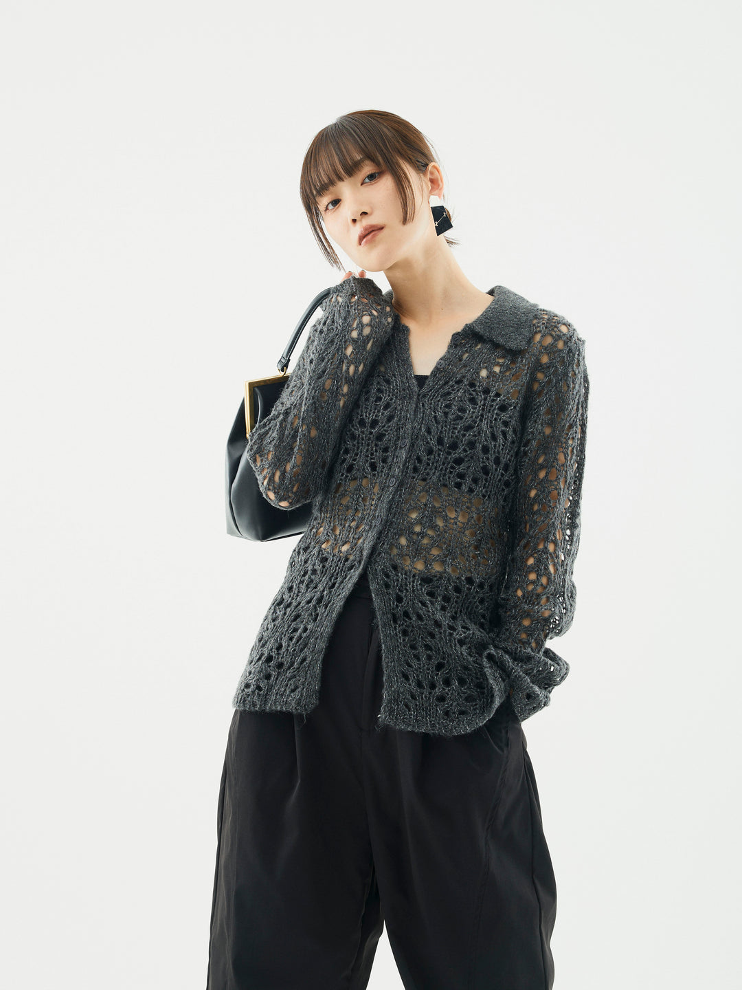 【Allure】[SET]ローゲージ透かし編みポロニッカーディガン+ローゲージ透かし編みポロニッカーディガン(2set)